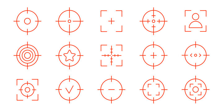 Set of target and crosshair icons in a clean, minimalist line style. Collection with red various focus and aim symbols, including circular scopes, square viewfinders, goal completion