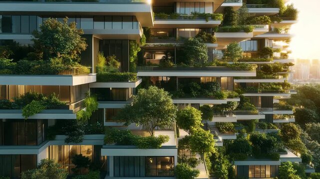 Modern apartment building with lush green vertical gardens and trees 4k video