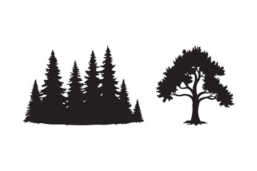 Black silhouette of a pine forest and a single deciduous tree