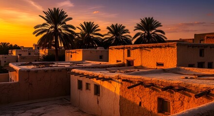 The aesthetic golden hour light on rustic mudbrick houses and palm trees in an ancient desert village