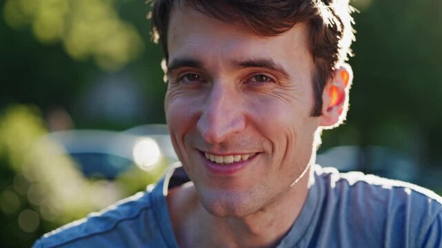 Close-up video shot of a smiling man outdoors, with a shallow depth of field. Sunlight creates a warm, natural ambiance, highlighting his expression.