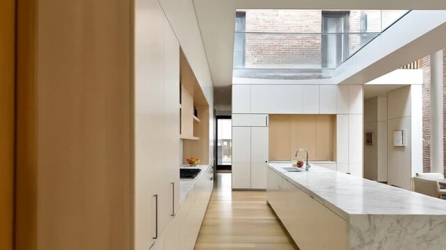 A bright, airy kitchen with a skylight and exposed brick creates a modern and spacious interior.