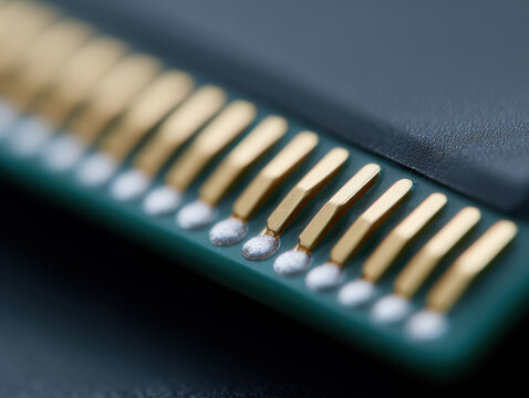 Close up macro of gold plated electronic chip connectors on circuit board showing detailed texture and sharp focus