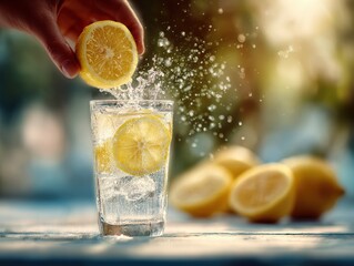 Refreshing Lemon Water: Hand Squeezing Citrus into Glass for a Healthy, Hydrating Beverage with Fresh Lemons