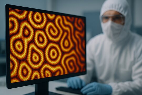 Scientist in a hazmat suit analyzing a complex biological Turing pattern on screen.