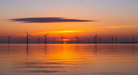 Fototapeta premium Wind Turbines Reflecting in Water at Sunset Stunning Renewable Energy Source