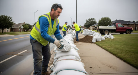 Man worker wearing safety vest stacking sandbag to build flood barrier. Disaster prevention and protection concept for homeowner or community property.