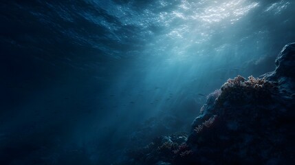 Fototapeta premium Sunlight rays filter through the deep blue ocean illuminating a vibrant coral reef teeming with life