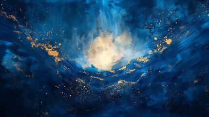 Concept of Day 1 Let There Be Light, abstract watercolor illustration with golden light breaking through cosmic dark sky. Symbolic spiritual artwork of creation, genesis, divine origin and hope.