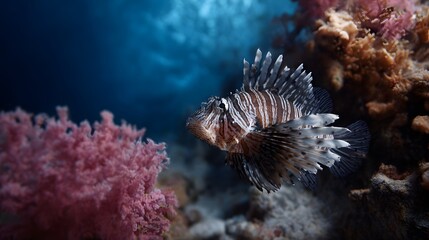 A lionfish swims gracefully beside colorful coral formations in a deep blue ocean setting