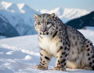 Fototapeta premium Snow leopard in the snow covered mountains., snow leopard potrait