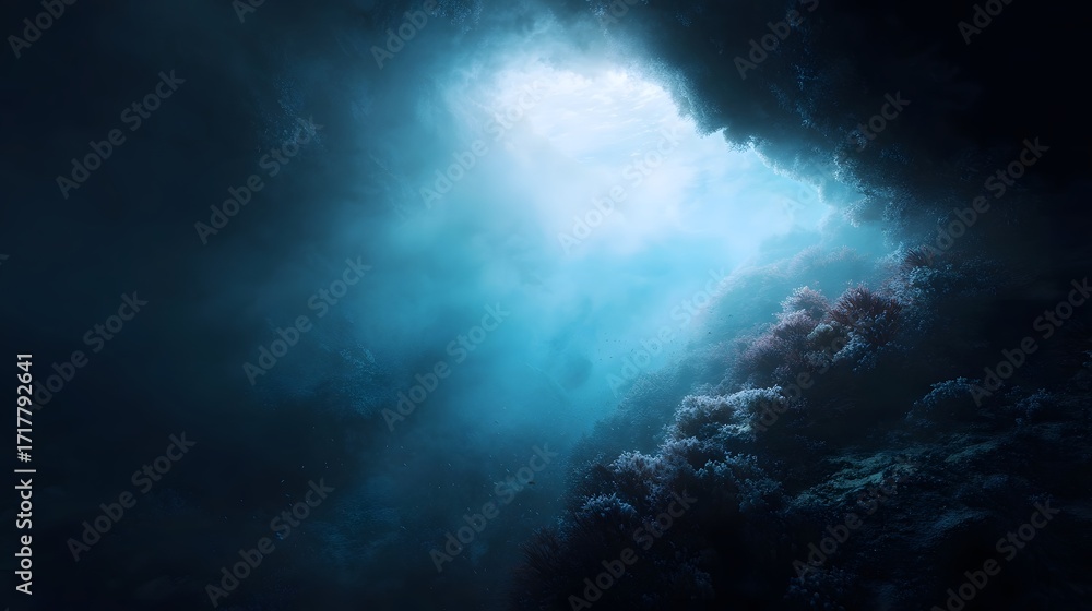 Poster a breathtaking view from within an underwater cave illuminated by soft blue light filtering from abo