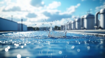 A splash of water creates ripples in a serene pool, with blurred industrial structures visible in the background under a bright, blue sky.