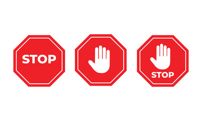 Set of red stop signs with octagon shapes featuring text and hand symbols. Simple vector illustration emphasizing caution, prohibition, and warning for safety, traffic, and control purposes.