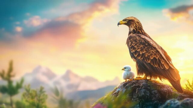 Majestic eagle with eaglet overlooking mountain landscape at sunset. Mother's Day, Mothering Sunday, Dia de la Madre - Global Maternal Celebration, Worldwide Family Holiday