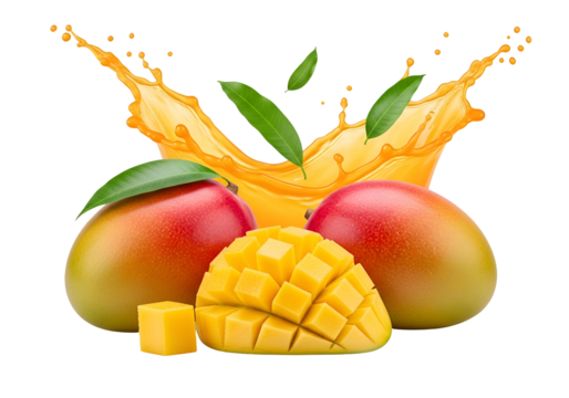 Vibrant mango fruit with a splash of juice, highlighting the juicy yellow and red tones of the ripe fruit against a dramatic black backdrop.