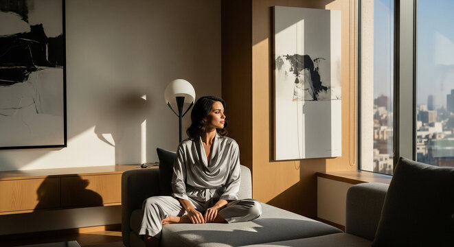 Elegant woman in silk pajamas enjoys morning light and city view from luxurious apartment - Powered by Adobe