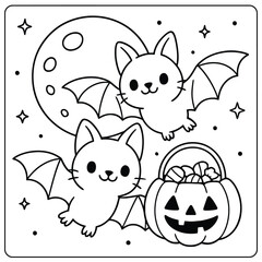 Cute halloween coloring page with bats, moon, stars, and a pumpkin candy basket outline