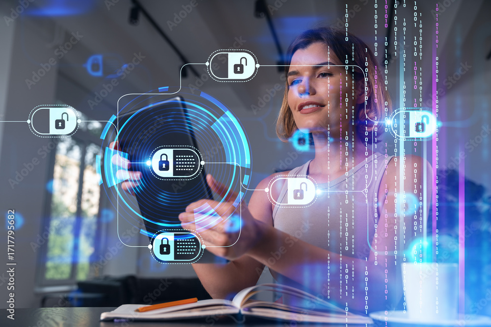 Poster woman using tablet with cybersecurity interface and digital data locks overlay.