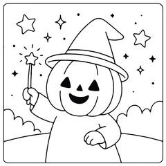A halloween coloring page featuring a pumpkin character dressed as a witch with stars