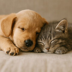 cat and dog, puppy and kitten, sleeping together AI generated