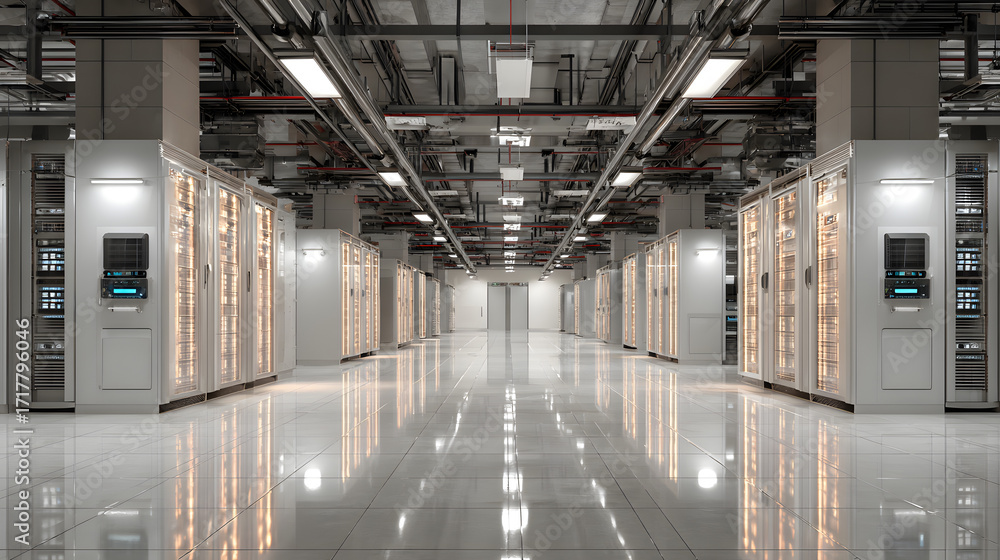 Poster depict a state of the art data center with rows of server racks, cooling systems, and redundant powe