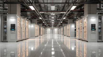 Depict a state of the art data center with rows of server racks, cooling systems, and redundant power supplies