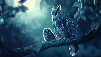 Owl and owlet perched on branch in moonlit forest scene. Mother's Day, Mothering Sunday, Dia de la Madre - Global Maternal Celebration, Worldwide Family Holiday