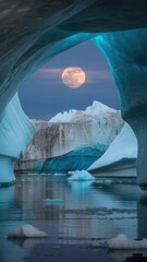 Moon Over Ice Cave: Serene Arctic Landscape With Glaciers, Blue Ice, And Reflective Water