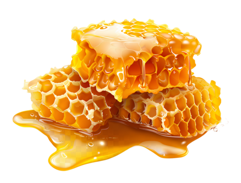 honeycomb, honey dripping from the edges of three fresh and soft honeycomb pieces on a transparent background.