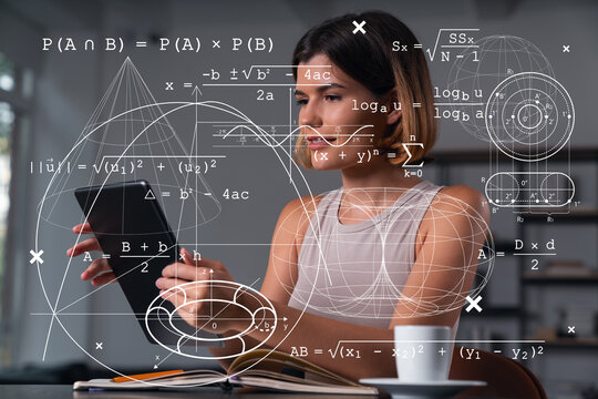 Woman using tablet with floating mathematical formulas and diagrams overlayed.
