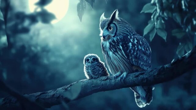 Owl and owlet perched on branch in moonlit forest scene. Mother's Day, Mothering Sunday, Dia de la Madre - Global Maternal Celebration, Worldwide Family Holiday