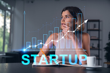 Woman thinking about startup growth with futuristic graph overlay in office.