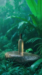 Ethereal bottle presentation in a lush rainforest setting during a calming rain shower evokes nature's purity for sustainable brand marketing campaigns
