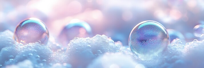 Soft pastel-colored bubbles resting on fluffy white foam, creating a dreamy and ethereal atmosphere.