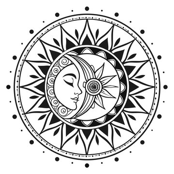 A black and white circular drawing of a moon face and sun in a decorative mandala pattern design vreated with genrated ai