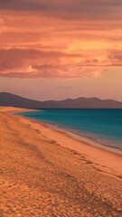 Experience blissful sunset on a serene sandy beach with turquoise water and distant mountains for a calming vacation scene or tropical getaway campaign