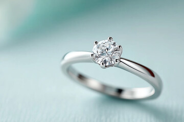 A sparkling diamond ring on a light blue background close up shot