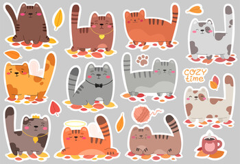 Cat sticker collection, autumn cats. Flat style illustration.