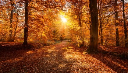 Obraz premium Autumn Forest Path Golden Foliage Sunlight Serene Nature Scene