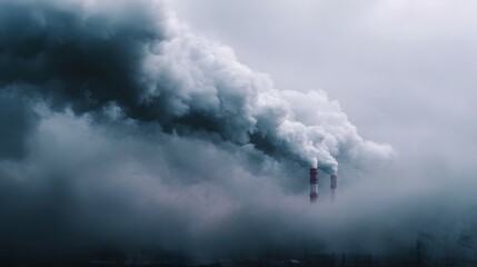 Obraz premium Industrial chimneys releasing thick smoke into a hazy overcast sky