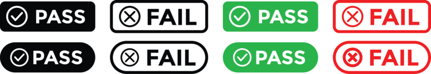 pass and fail icon set. Green check mark and red cross icons. Approve and reject web interface element vector illustration. Yes and No circle button symbols for vote, survey, or quiz choice.