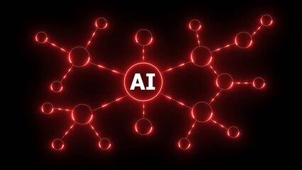 Artificial intelligence network structure glowing red on black background image