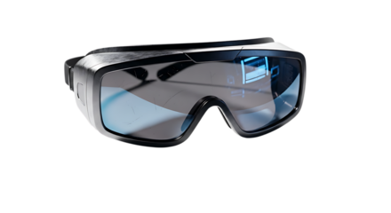 Sleek black safety goggles with reflective lenses, designed to protect the eyes in hazardous environments, isolated on transparent background, offering a clear and unobstructed view while ensuring max