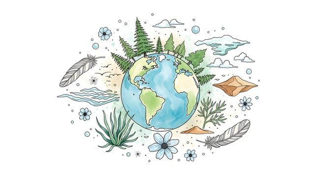 Earth Globe with Forest Trees Flowers and Leaves in Watercolor Style for Environmental Conservation - Powered by Adobe