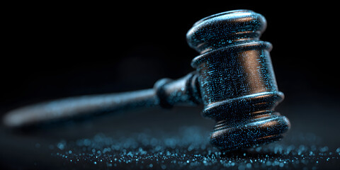 Digital gavel symbolizes cybersecurity law enforcement in virtual hightech environment. Concept Cybersecurity Law Enforcement, Digital Gavel, Virtual Environment, High-Tech, Symbolism