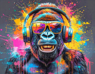 A playful chimpanzee portrait wearing oversized headphones and stylish sunglasses, set against a vivid splatter of rainbow colors. Energetic, modern street art.