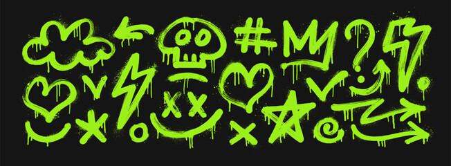 Acid green graffiti spray paint elements set. Neon toxic green arrow, cloud, skull, crown, star, lightning.