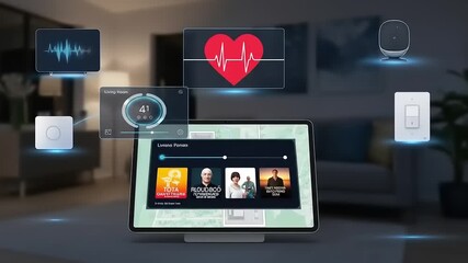 Smart home technology interface displaying energy consumption and environmental data in a modern living room - Powered by Adobe