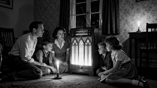A family sits intently around an old radio by candlelight in a dark room, capturing a monochrome scene of domestic life during a power outage or a nostalgic moment of togetherness